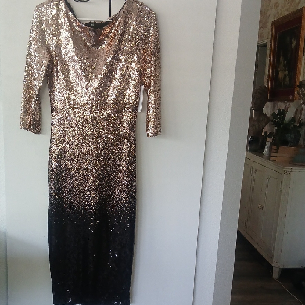 Premier Rose Gold Sequin Sheath Dress with Cowl Neck
